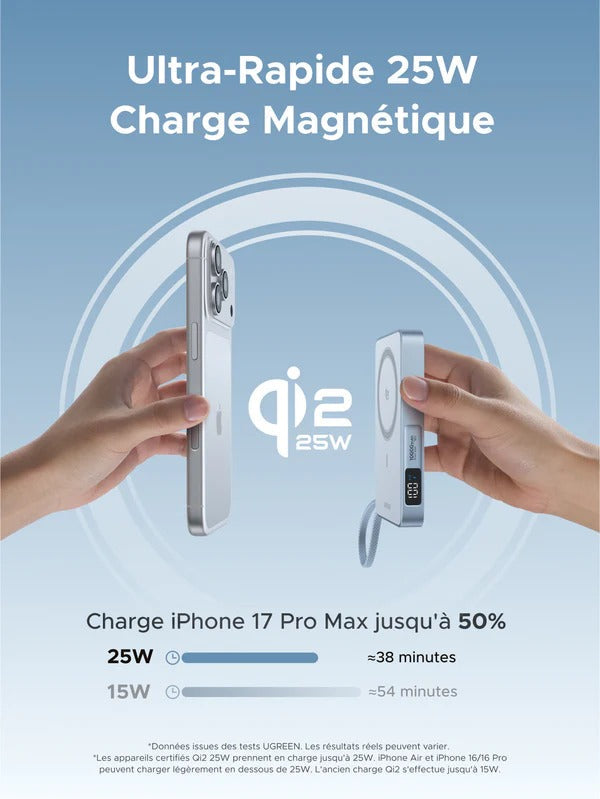 UGREEN MagFlow Batterie Externe Magnétique Sans Fil (10000mAh, Qi2 25W, Compatible MagSafe)