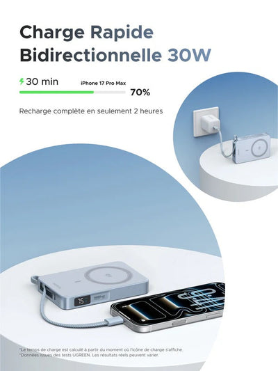 UGREEN MagFlow Batterie Externe Magnétique Sans Fil (10000mAh, Qi2 25W, Compatible MagSafe)